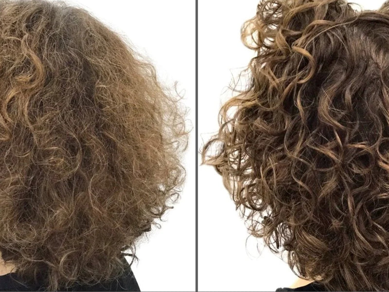 Mujer de cabello rizado antes y después